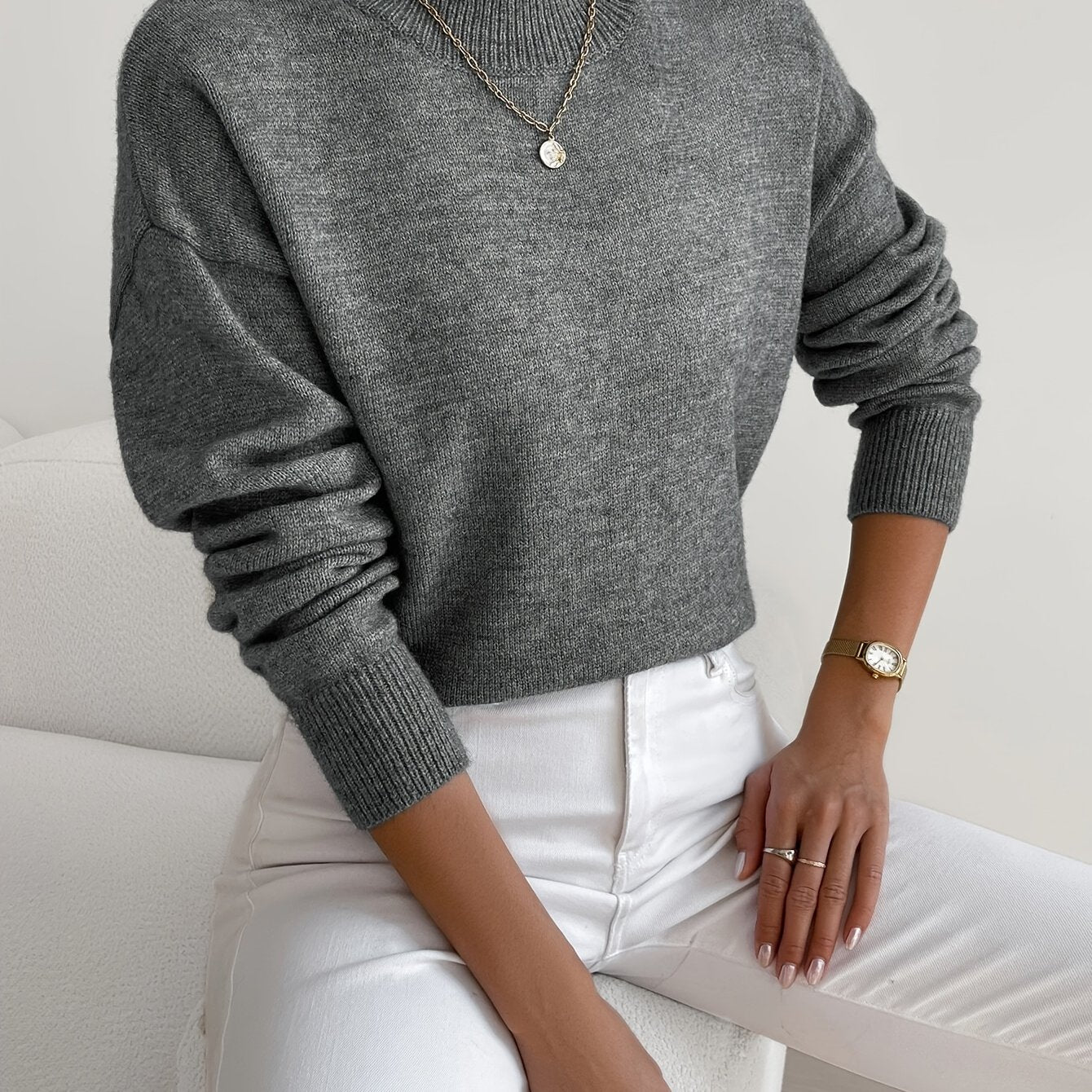 Roslyn™ | Ribbed-Trim Long-Sleeve Mock-Neck Sweater