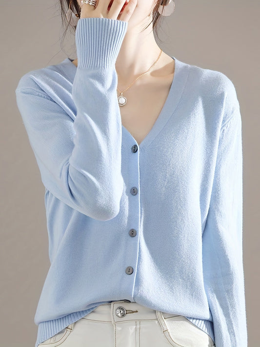 Solène™ | Button-Front Ribbed-Cuff V-Neck Cardigan Sweater