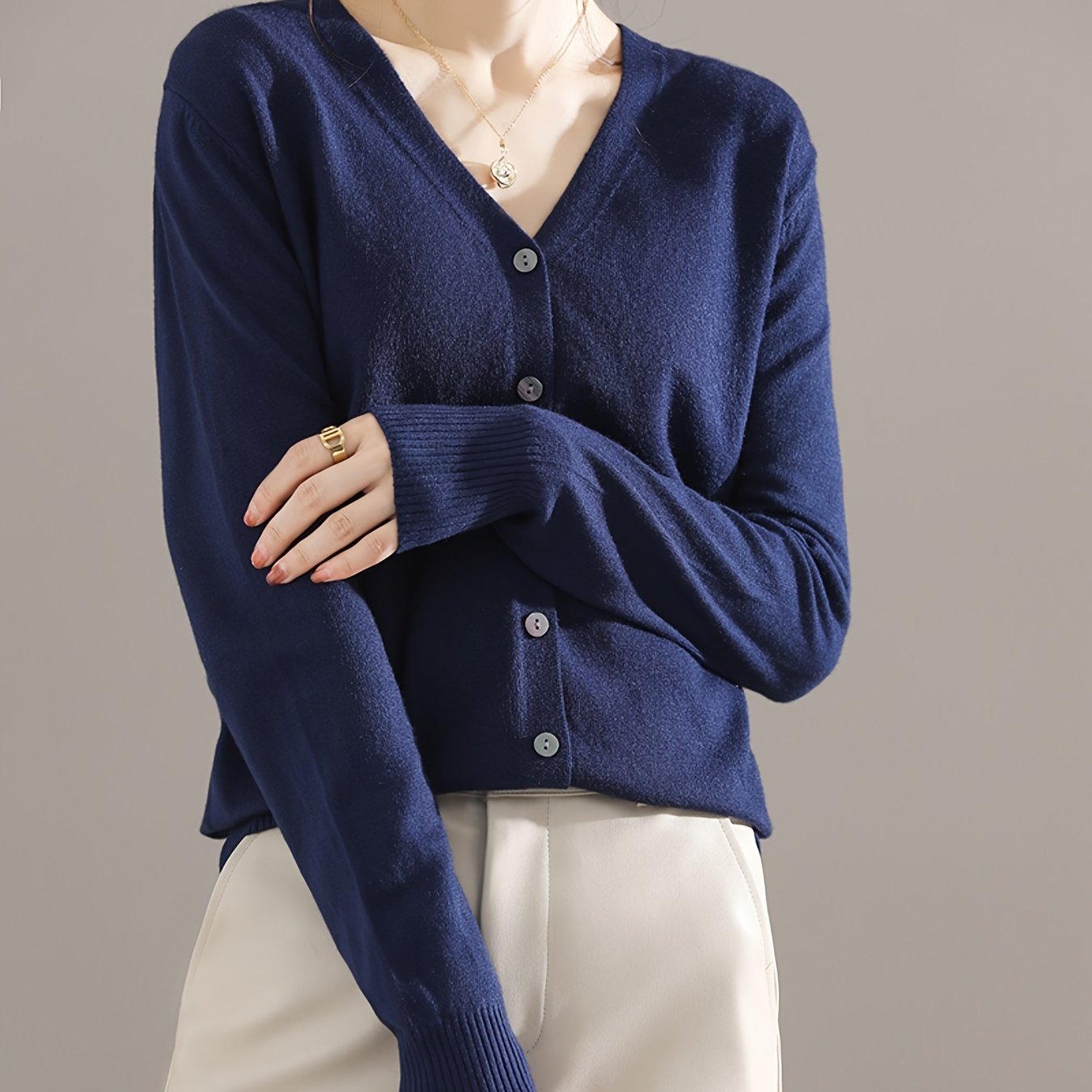 Solène™ | Button-Front Ribbed-Cuff V-Neck Cardigan Sweater