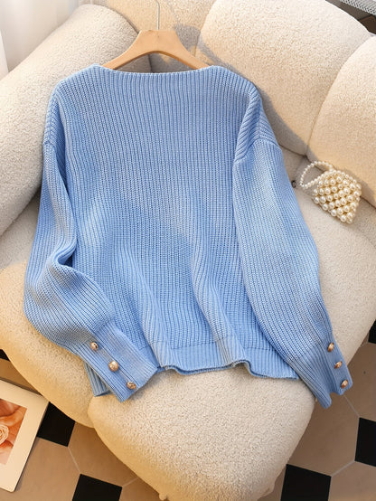 Vivian™ | Ribbed Knit Button-Cuff V-Neck Sweater