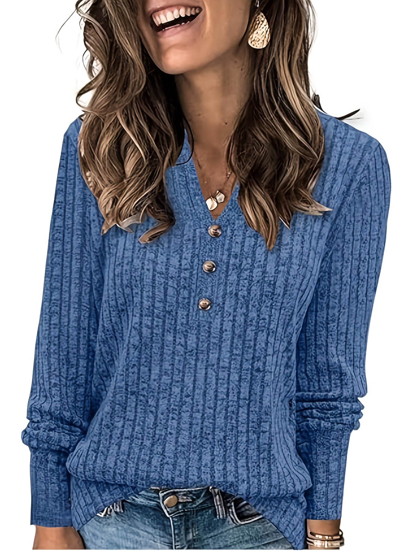 Wendy™ | Ribbed Knit Button-Front Henley Sweater