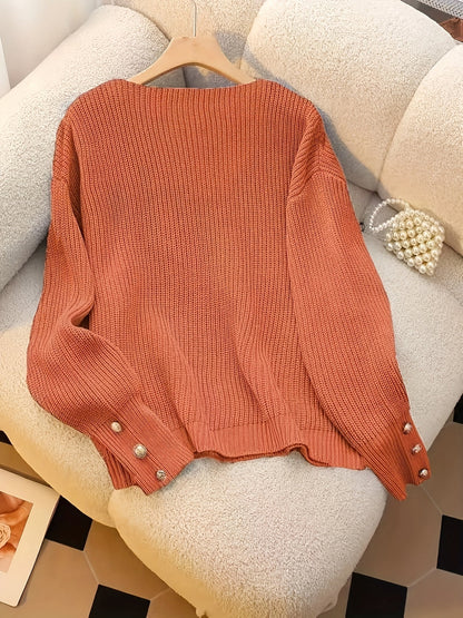 Vivian™ | Ribbed Knit Button-Cuff V-Neck Sweater