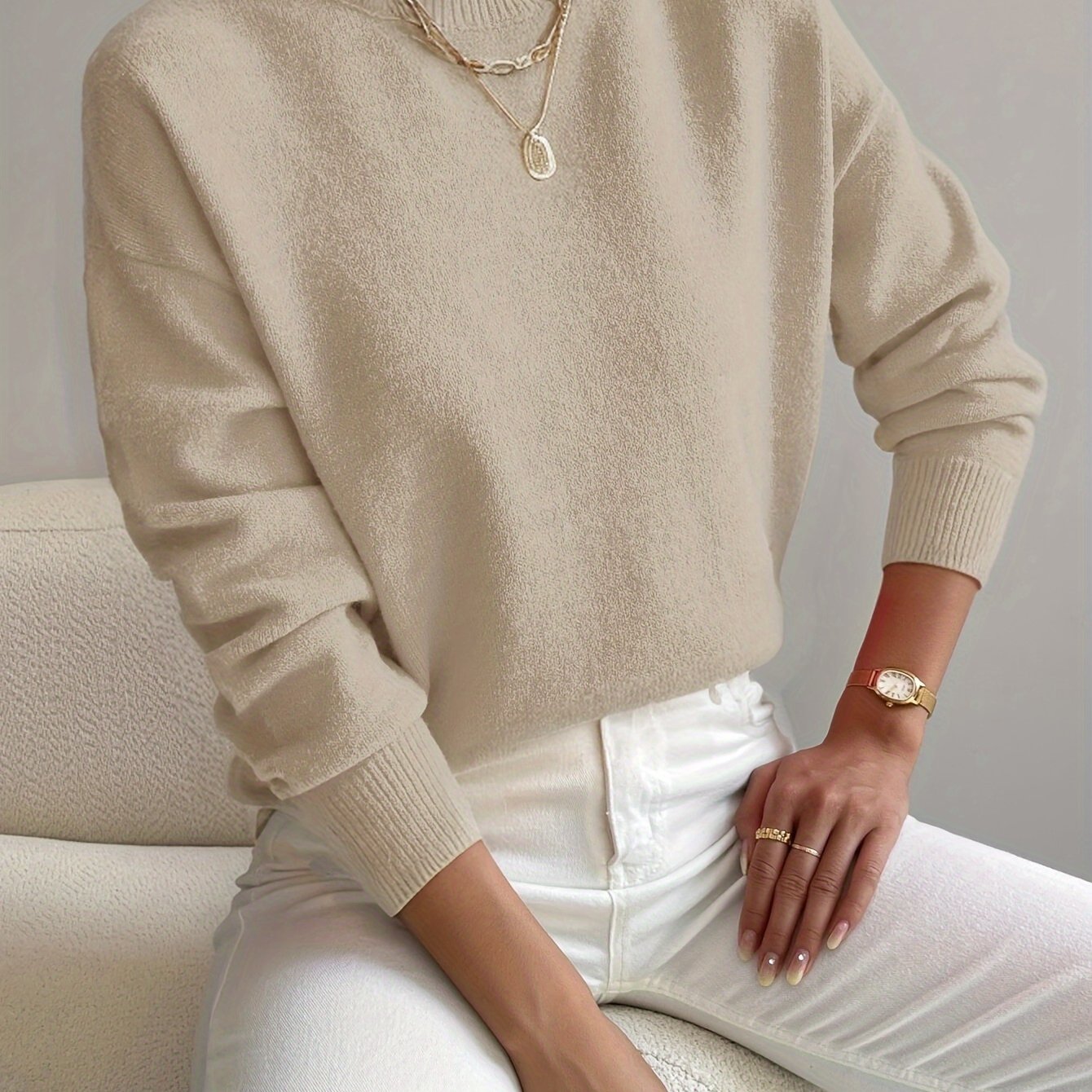 Roslyn™ | Ribbed-Trim Long-Sleeve Mock-Neck Sweater