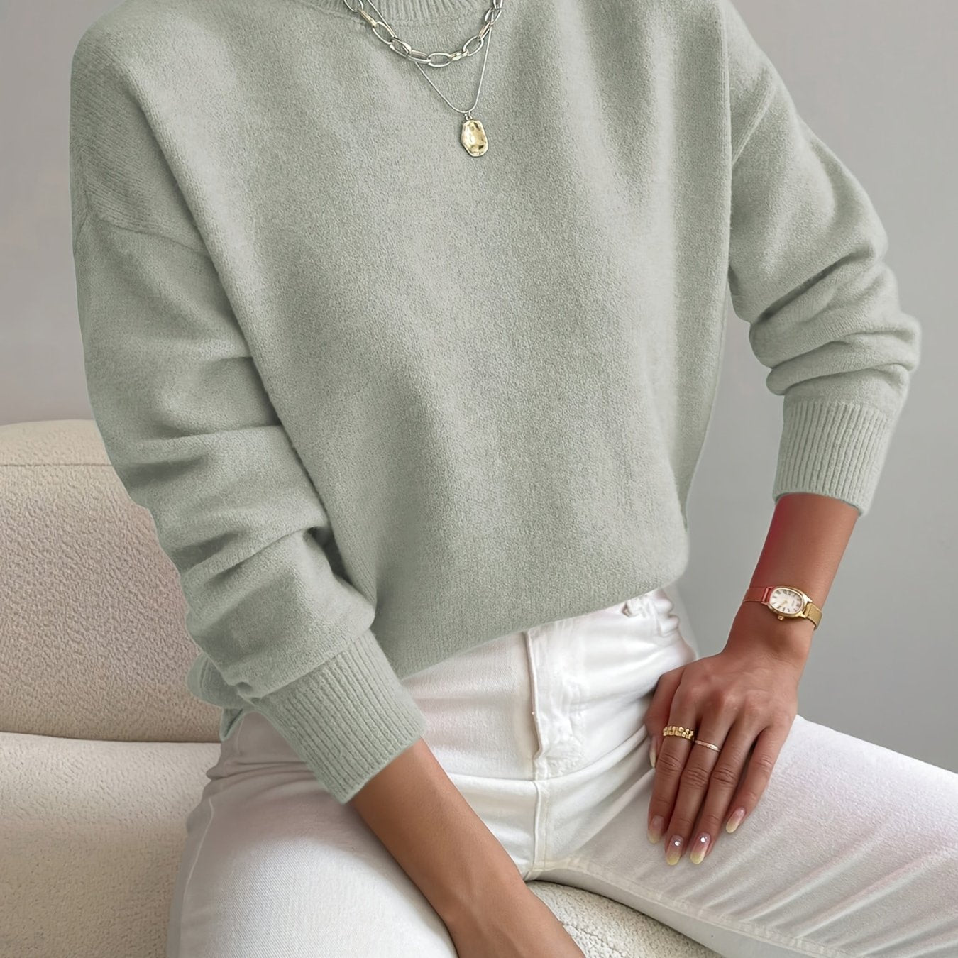 Roslyn™ | Ribbed-Trim Long-Sleeve Mock-Neck Sweater