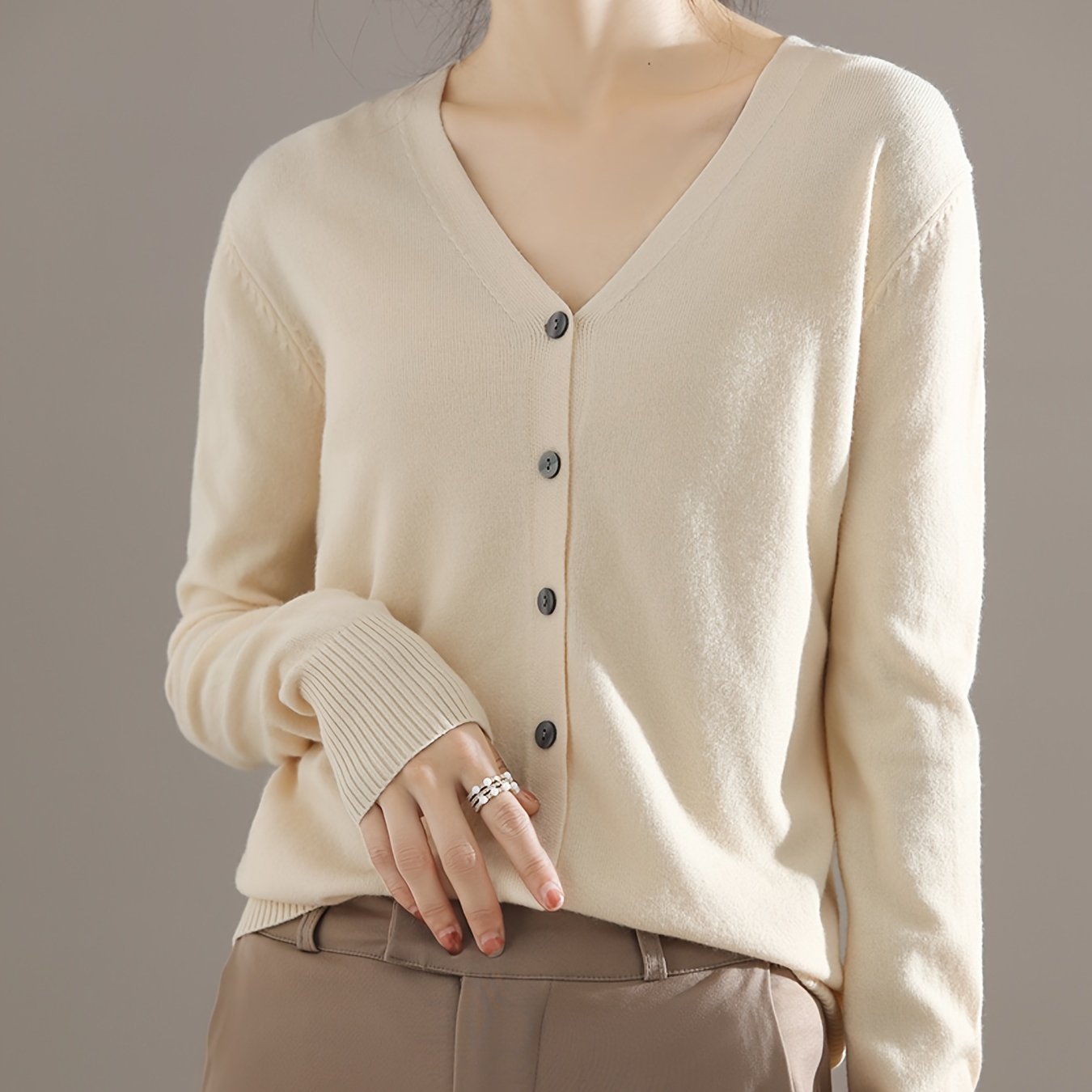 Solène™ | Button-Front Ribbed-Cuff V-Neck Cardigan Sweater