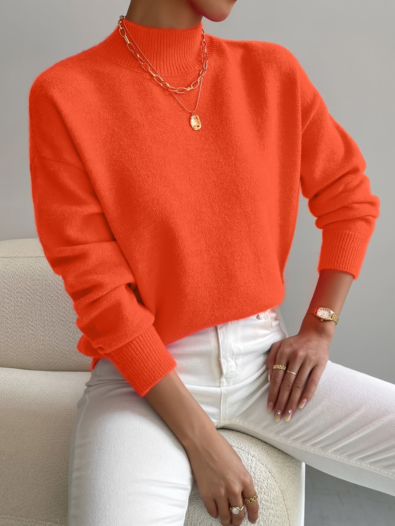 Roslyn™ | Ribbed-Trim Long-Sleeve Mock-Neck Sweater