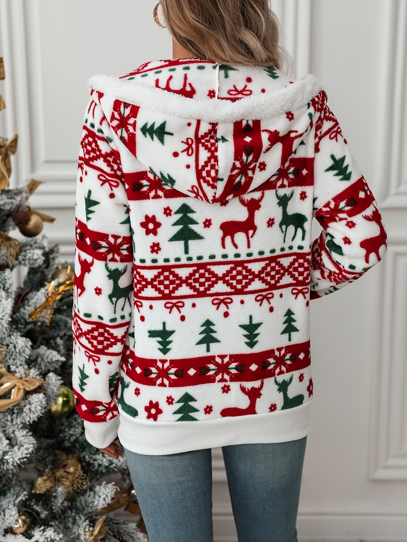 noelle™ | Festive Reindeer-Print Hooded Zip-Up Hoodie