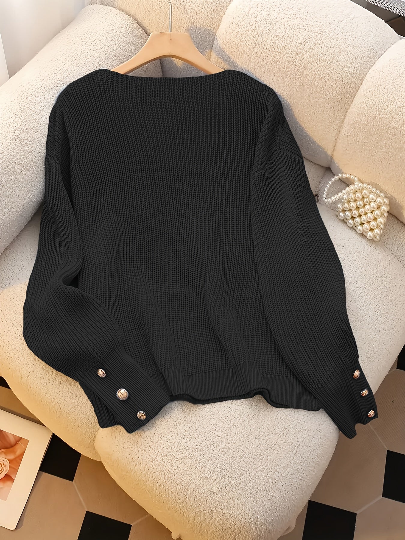Vivian™ | Ribbed Knit Button-Cuff V-Neck Sweater
