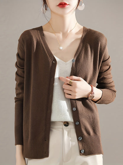 Solène™ | Button-Front Ribbed-Cuff V-Neck Cardigan Sweater