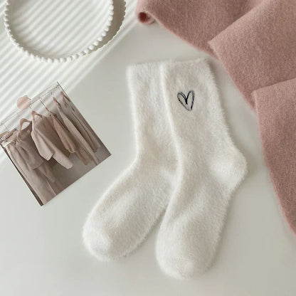 Soft Fuzzy Cozy Socks with Sweet Heart Embroidery