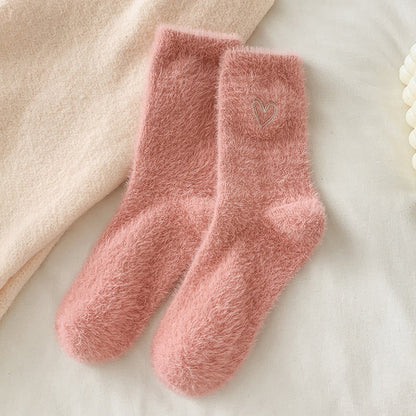 Soft Fuzzy Cozy Socks with Sweet Heart Embroidery