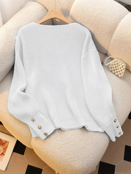 Vivian™ | Ribbed Knit Button-Cuff V-Neck Sweater