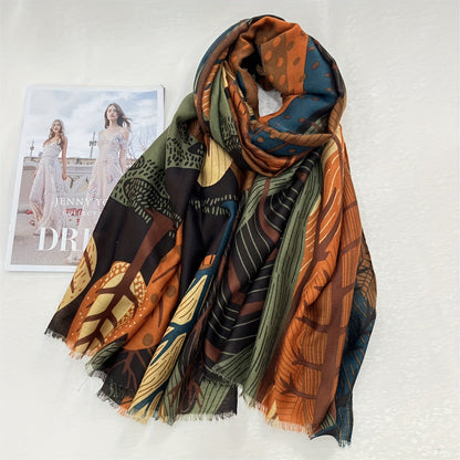 Tamara™ | Leaf-Print Multicolor Oblong Scarf Wrap