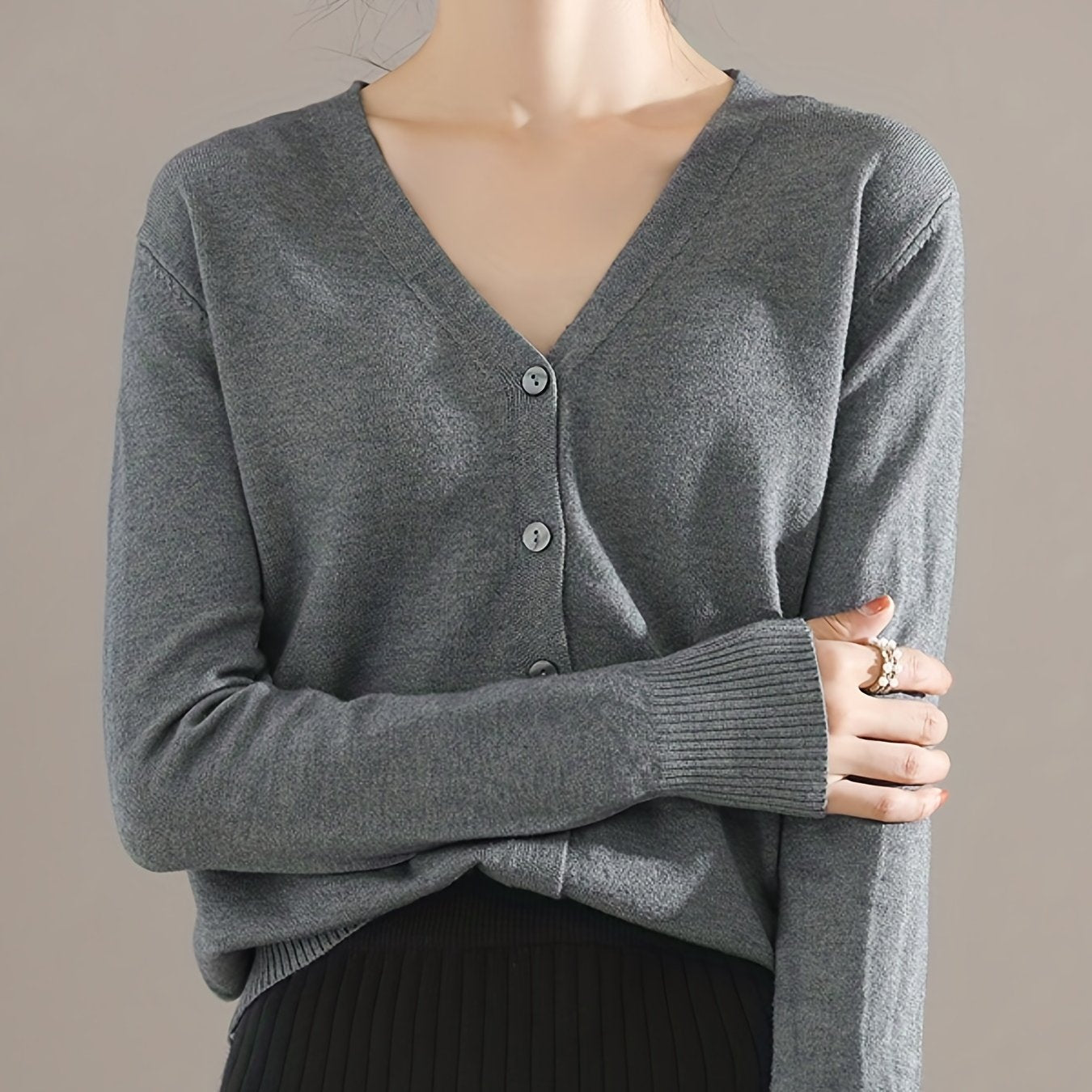 Solène™ | Button-Front Ribbed-Cuff V-Neck Cardigan Sweater