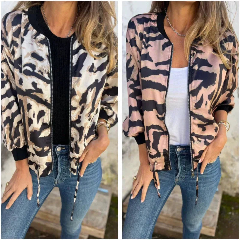 Zelda™ | Zip-Up Zebra Print Bomber Jacket